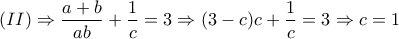 (II)\Rightarrow \dfrac{a+b}{ab}+\dfrac{1}{c}=3\Rightarrow (3-c)c+\dfrac{1}{c}=3\Rightarrow c=1