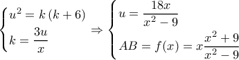 \left\{ \begin{gathered} 
  {u^2} = k\left( {k + 6} \right) \hfill \\ 
  k = \frac{{3u}}{x} \hfill \\  
\end{gathered}  \right. \Rightarrow \left\{ \begin{gathered} 
  u = \frac{{18x}}{{{x^2} - 9}} \hfill \\ 
  AB = f(x) = x\frac{{{x^2} + 9}}{{{x^2} - 9}} \hfill \\  
\end{gathered}  \right.