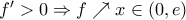 f{'}>0\Rightarrow f \nearrow x\in(0,e)