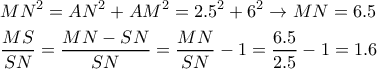 \displaystyle{
\begin{aligned}
& MN^2 = AN^2 + AM^2 = 2.5^2 + 6^2 \rightarrow MN = 6.5 \cr
& {MS \over SN} = {MN-SN \over SN} = {MN \over SN} -1 = {6.5 \over 2.5} -1 = 1.6 \cr
\end{aligned}
} \displaystyle{
\begin{aligned}
& MN^2 = AN^2 + AM^2 = 2.5^2 + 6^2 \rightarrow MN = 6.5 \cr
& {MS \over SN} = {MN-SN \over SN} = {MN \over SN} -1 = {6.5 \over 2.5} -1 = 1.6 \cr
\end{aligned}
}