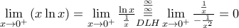 \underset{x\to {{0}^{+}}}{\mathop{\lim }}\,(x\ln x)=\underset{x\to {{0}^{+}}}{\mathop{\lim }}\,\frac{\ln x}{\frac{1}{x}}\underset{DLH}{\overset{\frac{\infty }{\infty }}{\mathop{=}}}\,\underset{x\to {{0}^{+}}}{\mathop{\lim }}\,\frac{\frac{1}{x}}{-\frac{1}{{{x}^{2}}}}=0