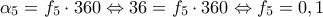 \displaystyle{{{\alpha }_{5}}={{f}_{5}}\cdot 360\Leftrightarrow 36={{f}_{5}}\cdot 360\Leftrightarrow {{f}_{5}}=0,1}