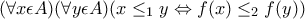 (\forall x\epsilon A)(\forall y\epsilon A)(x\leq _{1}y \Leftrightarrow f(x)\leq _{2}f(y) )