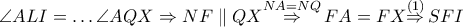 \angle ALI=\ldots \angle AQX\Rightarrow NF\parallel QX\overset{NA=NQ}{\mathop{\Rightarrow }}\,FA=FX\overset{\left( 1 \right)}{\mathop{\Rightarrow }}\,SFI \angle ALI=\ldots \angle AQX\Rightarrow NF\parallel QX\overset{NA=NQ}{\mathop{\Rightarrow }}\,FA=FX\overset{\left( 1 \right)}{\mathop{\Rightarrow }}\,SFI