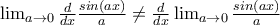 \lim_{a\rightarrow 0} \frac {d}{dx}\frac{sin(ax)}{a}      \ne   \frac {d}{dx}\lim_{a\rightarrow 0}\frac{sin(ax)}{a}