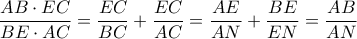 \dfrac{AB \cdot EC}{BE \cdot AC}=\dfrac{EC}{BC}+\dfrac{EC}{AC}=\dfrac{AE}{AN}+\dfrac{BE}{EN}=\dfrac{AB}{AN} \dfrac{AB \cdot EC}{BE \cdot AC}=\dfrac{EC}{BC}+\dfrac{EC}{AC}=\dfrac{AE}{AN}+\dfrac{BE}{EN}=\dfrac{AB}{AN}