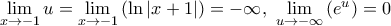 \underset{x\to -1}{\mathop{\lim }}\,u=\underset{x\to -1}{\mathop{\lim }}\,(\ln |x+1|)=-\infty ,\,\,\underset{u\to -\infty }{\mathop{\lim }}\,({{e}^{u}})=0