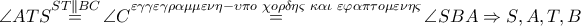 \angle ATS\overset{ST\parallel BC}{\mathop{=}}\,\angle C\overset{\varepsilon \gamma \gamma \varepsilon \gamma \rho \alpha \mu \mu \varepsilon \nu \eta -\upsilon \pi o\,\,\chi o\rho \delta \eta \varsigma \,\,\kappa \alpha \iota \,\,\varepsilon \varphi \alpha \pi \tau o\mu \varepsilon \nu \eta \varsigma }{\mathop{=}}\,\angle SBA\Rightarrow S,A,T,B