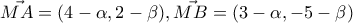 \vec{MA}=(4-\alpha,2-\beta  ),  \vec{MB}=(3-\alpha,-5-\beta  )