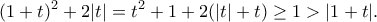 \displaystyle{(1+t)^2+2|t|=t^2+1+2(|t|+t)\geq 1>|1+t|.} \displaystyle{(1+t)^2+2|t|=t^2+1+2(|t|+t)\geq 1>|1+t|.}