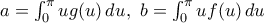 a= \int_0^\pi {ug(u)\,du} ,\,\,b = \int_0^\pi {uf(u)\,du} a= \int_0^\pi {ug(u)\,du} ,\,\,b = \int_0^\pi {uf(u)\,du}