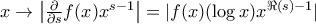 x \to \left| \frac{\partial}{\partial s} f(x) x^{s-1} \right| = |f(x) (\log{x}) x^{\Re(s) - 1}|