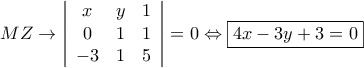 MZ \to \left| {\begin{array}{*{20}{c}} 
  x&y&1 \\  
  0&1&1 \\  
  { - 3}&1&5  
\end{array}} \right| = 0 \Leftrightarrow \boxed{4x - 3y + 3 = 0}