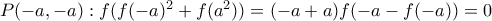 P(-a,-a): f(f(-a)^2+f(a^2))=(-a+a)f(-a-f(-a))=0