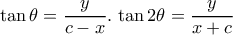 \tan \theta = \dfrac {y}{c-x}. \,\tan 2\theta = \dfrac {y}{x+c}