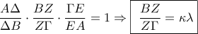 \dfrac{A \Delta}{ \Delta B} \cdot \dfrac{BZ}{Z \Gamma} \cdot \dfrac{\Gamma E}{EA} = 1 \Rightarrow \fbox{\dfrac{BZ}{Z \Gamma} = \kappa \lambda}