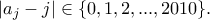 |a_j-j|\in \{0,1,2,...,2010\}. |a_j-j|\in \{0,1,2,...,2010\}.