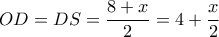  OD=DS= \dfrac{8+x}{2}=4+ \dfrac{x}{2}  
