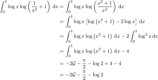 \displaystyle{\begin{aligned} 
\int_{0}^{1} \log x \log \left ( \frac{1}{x^2}+1 \right ) \, {\rm d}x &= \int_{0}^{1} \log x \log \left ( \frac{x^2+1}{x^2} \right ) \, {\rm d}x \\  
 &= \int_{0}^{1} \log x \left [ \log \left ( x^2+1 \right ) - 2 \log x \right ] \, {\rm d}x\\  
 &=\int_{0}^{1} \log x \log \left ( x^2+1 \right ) \, {\rm d}x - 2 \int_{0}^{1} \log^2 x \, {\rm d}x \\  
 &= \int_{0}^{1} \log x \log \left ( x^2+1 \right ) \, {\rm d}x -4 \\ 
 &= -2\mathcal{G} - \frac{\pi}{2} -\log 2 + 4 -4 \\ 
 &= -2\mathcal{G} - \frac{\pi}{2} - \log 2 
\end{aligned}}