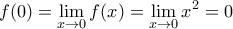 \displaystyle{f(0)= \lim_{x\to 0}f(x)=\lim_{x \to 0}x^2 = 0}