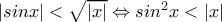 |sinx|<\sqrt{|x|}\Leftrightarrow sin^{2}x<|x| |sinx|<\sqrt{|x|}\Leftrightarrow sin^{2}x<|x|