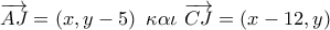 \overrightarrow {AJ}  = \left( {x,y - 5} \right)\,\,\kappa \alpha \iota \,\,\overrightarrow {CJ}  = \left( {x - 12,y} \right)\,