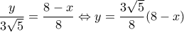 \displaystyle \frac{y}{{3\sqrt 5 }} = \frac{{8 - x}}{8} \Leftrightarrow y = \frac{{3\sqrt 5 }}{8}(8 - x)