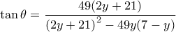  \tan \theta=\dfrac{{49(2y + 21)}}{{{{(2y + 21)}^2} - 49y(7 - y)}}