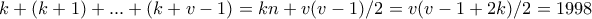 k+(k+1)+...+(k+v-1)=kn+v(v-1)/2=v(v-1+2k)/2=1998