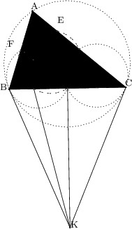 \begin{tikzpicture}[line cap=round,line join=round,>=triangle 45,x=1cm,y=1cm,scale=0.3]\clip(-13.690879837193155,-21.362865433708684) rectangle (43.84110619053327,7.673937137816786);\fill(8.497627273698793,2.791750254436317) -- (6.1458184964405635,-5.136121973661245) -- (17.941852335918433,-4.926904374481229) -- cycle;\draw [dotted] (12,-2.56) circle (6.39592413180439cm);\draw (8.497627273698793,2.791750254436317)-- (6.1458184964405635,-5.136121973661245);\draw (6.1458184964405635,-5.136121973661245)-- (17.941852335918433,-4.926904374481229);\draw (17.941852335918433,-4.926904374481229)-- (8.497627273698793,2.791750254436317);\draw (7.156970271661061,-1.72756165418339)-- (10.972235791035096,0.7692816705917592);\draw (8.497627273698793,2.791750254436317)-- (8.63745432117724,-5.091929656787949);\draw (6.1458184964405635,-5.136121973661245)-- (10.972235791035096,0.7692816705917592);\draw (17.941852335918433,-4.926904374481229)-- (7.156970271661061,-1.72756165418339);\draw (12.29347376583843,-19.106535694879415)-- (6.1458184964405635,-5.136121973661245);\draw (12.29347376583843,-19.106535694879415)-- (17.941852335918433,-4.926904374481229);\draw (12.29347376583843,-19.106535694879415)-- (7.67187767759217,-1.3905882213127712);\draw [dotted] (9.072909248220292,-3.8480609868306423) circle (3.1979620659021952cm);\draw [dotted] (14.970926167959224,-3.7434521872405955) circle (3.197962065902194cm);\draw [dash pattern=on 1pt off 1pt on 1pt off 4pt] (10.29264905302889,-2.3556380468530675) circle (3.1979620659021837cm);\draw (7.67187767759217,-1.3905882213127712)-- (12.043835416179515,-5.031513174071238);\draw (12.29347376583843,-19.106535694879415)-- (12.043835416179515,-5.031513174071238);\draw (12,-2.56)-- (12.043835416179515,-5.031513174071238);\draw (7.156970271661061,-1.72756165418339)-- (8.63745432117724,-5.091929656787949);\draw (10.972235791035096,0.7692816705917592)-- (8.63745432117724,-5.091929656787949);\begin{scriptsize}\draw [fill=black] (12,-2.56) circle (1.5pt);\draw<span style="color:black"> (12.487377403456422,-2.571691127058264) node {O};\draw [fill=black] (8.497627273698793,2.791750254436317) circle (1.5pt);\draw<span style="color:black"> (8.726133547041254,3.3259392398007956) node {A};\draw [fill=black] (6.1458184964405635,-5.136121973661245) circle (1.5pt);\draw<span style="color:black"> (5.5967786585038315,-4.858527391758716) node {B};\draw [fill=black] (17.941852335918433,-4.926904374481229) circle (1.5pt);\draw<span style="color:black"> (18.2345580160588,-4.497447981542854) node {C};\draw [fill=white] (8.63745432117724,-5.091929656787949) circle (1.5pt);\draw<span style="color:white"> (8.87658330129786,-4.557627883245498) node {D};\draw [fill=white] (10.972235791035096,0.7692816705917592) circle (1.5pt);\draw<span style="color:white"> (11.374049221957533,1.8816215989373526) node {E};\draw [fill=white] (7.156970271661061,-1.72756165418339) circle (1.5pt);\draw<span style="color:white"> (6.349027429786865,-0.4954845183170641) node {F};\draw [fill=white] (8.585298106057792,-2.1512760937061586) circle (1.5pt);\draw<span style="color:white"> (9.237662711513716,-1.789352404923899) node {H};\draw [fill= white] (12.29347376583843,-19.106535694879415) circle (1.5pt);\draw<span style="color:white"> (12.728097010266993,-18.760084685069355) node {K};\draw [fill=white] (7.67187767759217,-1.3905882213127712) circle (1.5pt);\draw<span style="color:white"> (8.094244579163504,-1.2477332896001077) node {L};\draw [fill=white] (12.043835416179515,-5.031513174071238) circle (1.5pt);\draw[color=white] (12.818366862820957,-5.550596261339115) node {S};\draw [fill=white] (7.321722885069669,-1.172185859612493) circle (1.5pt);\draw[color=white] (7.071186250218578,-0.37512471491177724) node {M};\draw [fill=white] (13.219739804808595,-1.0675770600224403) circle (1.5pt);\draw[color=white] (13.32989602729342,-0.37512471491177724) node {N};\end{scriptsize}\end{tikzpicture}