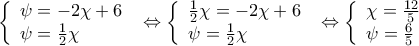 \displaystyle \left\{ \begin{array}{l} 
\psi  =  - 2\chi  + 6\;\\ 
\psi  = \frac{1}{2}\chi  
\end{array} \right. \Leftrightarrow \left\{ \begin{array}{l} 
\frac{1}{2}\chi  =  - 2\chi  + 6\;\\ 
\psi  = \frac{1}{2}\chi  
\end{array} \right. \Leftrightarrow \left\{ \begin{array}{l} 
\chi  = \frac{{12}}{5}\;\\ 
\psi  = \frac{6}{5} 
\end{array} \right.