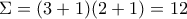 \Sigma=(3+1)(2+1)=12 \Sigma=(3+1)(2+1)=12
