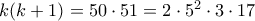 k(k+1)=50\cdot 51 = 2\cdot 5^2\cdot 3\cdot 17