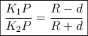 \boxed{\frac{{{K_1}P}}{{{K_2}P}} = \frac{{R - d}}{{R + d}}}