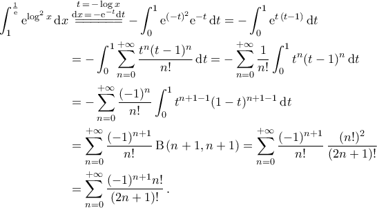 \begin{aligned} 
	\int_{1}^{\frac{1}{\rm{e}}}{\rm{e}}^{\log^2{x}}\,{\rm{d}}x&\stackrel{\begin{subarray}{c} 
			{t\,=\,-\log{x}}  \\ 
			{{\rm{d}}x\,=\,-{\rm{e}}^{-t}{\rm{d}}t} \\ 
	\end{subarray}}{=\!=\!=\!=\!=\!=}-\int_{0}^{1}{\rm{e}}^{({-t})^2}{\rm{e}}^{-t}\,{\rm{d}}t=-\int_{0}^{1}{\rm{e}}^{t\,(t-1)}\,{\rm{d}}t\\ 
	&=-\int_{0}^{1}\sum_{n=0}^{+\infty}\frac{t^n(t-1)^n}{n!}\,{\rm{d}}t=-\sum_{n=0}^{+\infty}\frac{1}{n!}\int_{0}^{1}t^n(t-1)^n\,{\rm{d}}t\\ 
	&=-\sum_{n=0}^{+\infty}\frac{({-1})^n}{n!}\int_{0}^{1}t^{n+1-1}(1-t)^{n+1-1}\,{\rm{d}}t\\ 
	&=\sum_{n=0}^{+\infty}\frac{({-1})^{n+1}}{n!}\,{\rm{B}}\,({n+1,n+1})=\sum_{n=0}^{+\infty}\frac{({-1})^{n+1}}{n!}\,\frac{(n!)^2}{({2n+1})!}\\ 
	&=\sum_{n=0}^{+\infty}\frac{({-1})^{n+1}n!}{({2n+1})!}\,. 
\end{aligned}