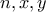 \displaystyle{n , x , y}