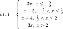 \displaystyle{\sigma(x)=\begin{cases}~~-3x, ~x\leq -\frac{5}{2} \\-x+5,~-\frac{5}{2}<x\leq\frac{1}{2} \\~x+4,~\frac{1}{2}<x\leq 2 \\ ~~~~~3x,~x>2 \end  {cases}}
