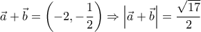  \displaystyle \vec a + \vec b = \left( { - 2, - \frac{1}{2}} \right) \Rightarrow \left| {\vec a + \vec b} \right| = \frac{{\sqrt {17} }}{2}