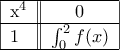 \begin{tabular}{ |l||c| } 
\hline 
  x^4 & 0  \\ 
\hline 
  1 & \int_0^2 f(x)  \\ 
\hline 
\end{tabular}