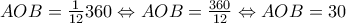 AOB=\frac {1}{12}360 \Leftrightarrow AOB=\frac {360}{12} \Leftrightarrow AOB=30