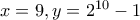 x=9,y=2^{10}-1 x=9,y=2^{10}-1