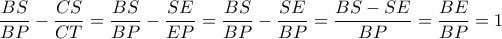 \displaystyle \frac{{BS}}{{BP}} - \frac{{CS}}{{CT}} = \frac{{BS}}{{BP}} - \frac{{SE}}{{EP}} = \frac{{BS}}{{BP}} - \frac{{SE}}{{BP}} = \frac{{BS - SE}}{{BP}} = \frac{{BE}}{{BP}} = 1 \displaystyle \frac{{BS}}{{BP}} - \frac{{CS}}{{CT}} = \frac{{BS}}{{BP}} - \frac{{SE}}{{EP}} = \frac{{BS}}{{BP}} - \frac{{SE}}{{BP}} = \frac{{BS - SE}}{{BP}} = \frac{{BE}}{{BP}} = 1