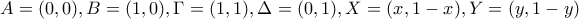 A=(0,0), B=(1,0), \Gamma=(1,1), \Delta=(0,1), X=(x,1-x), Y=(y,1-y)