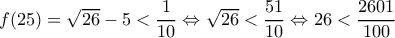 f(25)=\sqrt {26}-5<\dfrac{1}{10}\Leftrightarrow \sqrt {26}<\dfrac{51}{10}\Leftrightarrow 26<\dfrac{2601}{100}