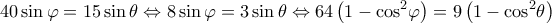 \displaystyle 40\sin \varphi = 15\sin \theta \Leftrightarrow 8\sin \varphi = 3\sin \theta \Leftrightarrow 64\left( {1 - {{\cos }^2}\varphi } \right) = 9\left( {1 - {{\cos }^2}\theta } \right) \displaystyle 40\sin \varphi = 15\sin \theta \Leftrightarrow 8\sin \varphi = 3\sin \theta \Leftrightarrow 64\left( {1 - {{\cos }^2}\varphi } \right) = 9\left( {1 - {{\cos }^2}\theta } \right)