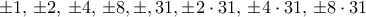 \pm 1,\, \pm 2, \,\pm 4,\, \pm 8, \pm, 31, \pm 2\cdot 31,\, \pm 4\cdot 31,\, \pm 8\cdot 31