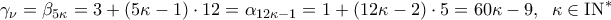\displaystyle 
\gamma _\nu   = \beta _{5\kappa }  = 3 + \left( {5\kappa  - 1} \right) \cdot 12 = \alpha _{12\kappa  - 1}  = 1 + \left( {12\kappa  - 2} \right) \cdot 5 = 60\kappa  - 9,\;\;\kappa  \in {\rm I}{\rm N}^*