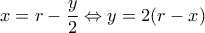 \displaystyle x = r - \frac{y}{2} \Leftrightarrow y = 2(r - x)
