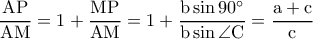 \rm \dfrac{AP}{AM}=1+\dfrac{MP}{AM}=1+\dfrac{b\sin 90^{\circ}}{b\sin \angle C}=\dfrac{a+c}{c}
