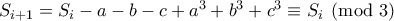 S_{i+1}=S_i-a-b-c+a^3+b^3+c^3 \equiv S_i \pmod 3